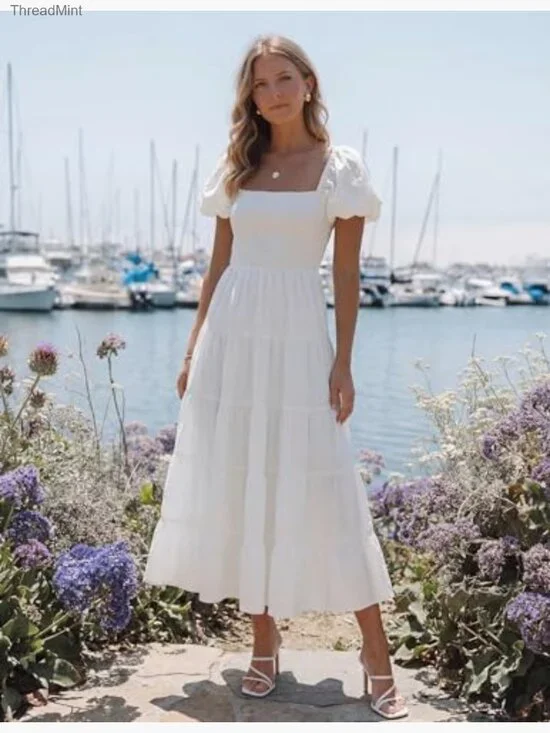 Summer Square Neck Puff Sleeve Smocked Midi Dress High Waist Flowy Tiered - Picture 2 of 7